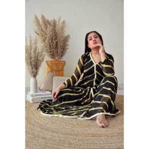 Ensemble Kurta en Chiffon Lehariya Noir Cendré Taille XS - Product Image 1