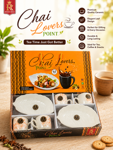 Luxury Ceramic Chai <b>Gift</b> <b>Set</b> with Screen Printed Leaf Design Mug and Platter for Tea Coffee Snack Serving - Product Image 1