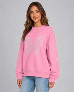 Sudadera Rosa Oversize para Mujer, Forrada para Invierno, Antiencogimiento, con Pedrería y Lentejuelas de Mariposa, Cuello Redondo, Hombros Caídos, Manga Regular - Product Image 3