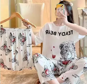ชุดนอนผ้าฝ้ายพิมพ์ลายคุณภาพสูงสำหรับผู้หญิง แขนสั้น คอกลม เอวยางยืด ชุดลำลองสำหรับฤดูร้อน 2 ชิ้น - Product Image 2