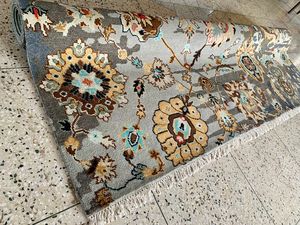 Tapis Oushak à poils longs extra épais en laine/soie noué à la main, motif géométrique moderne, pour usage commercial et domestique - Product Image 2