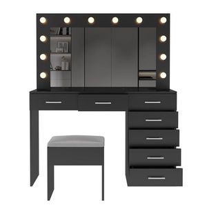 Large Lighted 12 LED <b>Mirror</b> Makeup Vanity Desk Set with 7 Drawers Glass Top Vanity <b>Table</b> with Power Outlet - Product Image 3