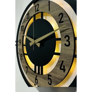 <b>Modern</b> Round Wood <b>Wall</b> <b>Clock</b> With Geometric Design Analog Quartz Silent Night Light Living Room Decor - Product Image 5