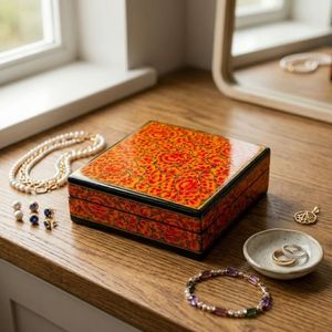 Luxury Orange Rectangular Paper Mache <b>Jewellery</b> <b>Box</b> with Floral Pattern Art Handcrafted Traditional Indian Keepsake <b>Gift</b> - Product Image 4