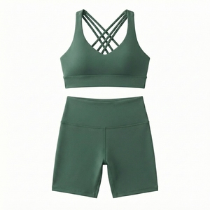 Women's Pink <b>Blue</b> Crisscross Sports <b>Bra</b> High Waist Shorts Set Color Blocking Contrast Binding Breathable Yoga Activewear 2 Piece - Product Image 3