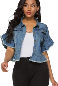 Chaqueta vaquera corta para mujer con volantes, lavado claro, botones y detalles deshilachados, estilo casual - Product Image 2