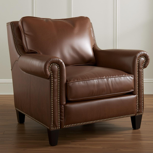 Premium Real Leather Accent <b>Armchair</b> Traditional Design Upholstered Single Sofa Rolled Arms Nailhead Trim for Home Living Room - Product Image 1