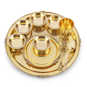 Handcrafted Indian Traditional Brass Thali <b>Set</b> <b>6</b> Piece Gold Polished <b>Dinnerware</b> <b>For</b> Weddings Home Decor And Festive Gifting - Product Image 2