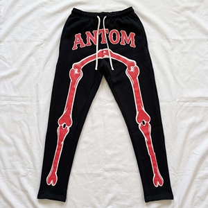 Pantalon de jogging homme noir coupe skinny style urbain 100% coton molleton anti-boulochage épais imprimé avec braguette zippée taille mi-haute - Product Image 1