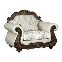 Fauteuil de salon en tissu beige et finition cerisier avec coussin
