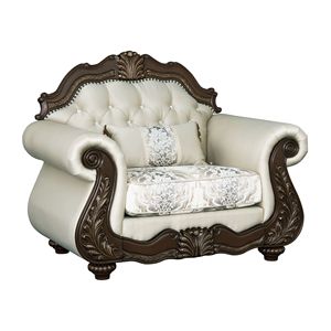 Fauteuil de salon en tissu beige et finition cerisier avec coussin - Product Image 1