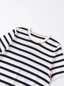 T-shirt da donna in maglia a <span class=keywords><strong>righe</strong></span> nautiche 2026, bianco <span class=keywords><strong>e</strong></span> nero, a <span class=keywords><strong>righe</strong></span> orizzontali, con cuciture a contrasto <span class=keywords><strong>rosse</strong></span>, a costine, vestibilità slim, top estivo HD - Product Image 3