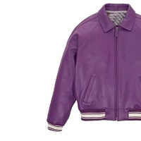 Blouson Bomber en Cuir Violet pour Homme, Col et Poignets Côtelés, Fermeture Éclair, Style Vintage Universitaire, Veste de Pilote, Idéal pour l'Automne