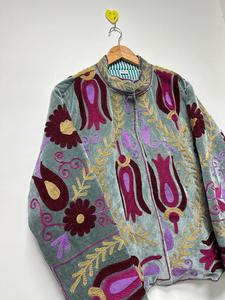 Bohemian Gray <b>Velvet</b> Suzani Embroidered <b>Jacket</b> with Floral Pattern Full Sleeve Stand Collar <b>Women's</b> Winter Outerwear - Product Image 4