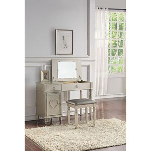 Set Toeletta da Camera da Letto Color Argento con Sgabello, Specchio Apribile, Spazio Contenitore, Cassetti e Maniglie ad Anello in Legno di Gomma - Product Image 1