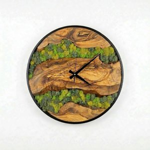 Wooden River <b>Wall</b> <b>Clock</b> with Moss Handmade Nature <b>Decor</b> Rustic Modern <b>Wall</b> Art Live Edge Wood & Moss <b>Clock</b> Forest River Design - Product Image 2