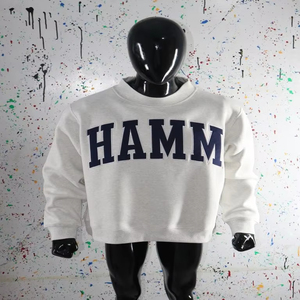 HAMM ASH GREY <b>Mock</b> <b>Neck</b> Sweatshirt 100% BLUE Applique Embroidery wide <b>neck</b> Sweatshirt Finer Threads - Product Image 1