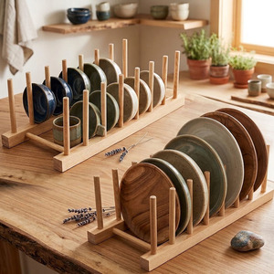 Support à vaisselle en bambou S/2, porte-assiettes, organisateur de couvercles de casseroles, support de rangement de comptoir de cuisine, ensemble d'organisateurs de rangement de cuisine - Product Image 3