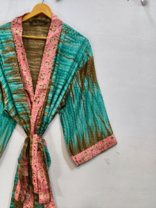 Handmade Silk Sari Patchwork <b>Kimono</b> Robe Bikini <b>Cover</b> <b>Up</b> Night Wear Long Robe, Handmade Indian Vintage Recycled Silk Sari <b>Kimono</b> - Product Image 6
