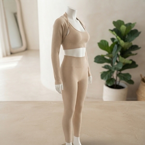 Women Beige Ribbed Yoga Set Long Sleeve <b>Bolero</b> Crop <b>Top</b> High Waist Leggings Gym Fitness Workout Activewear Two Piece Set - Product Image 2