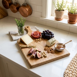 Planche à découper en bois de teck naturel à bords bruts, bloc de découpe en bois organique, plateau de service pour charcuterie, avec poignée de suspension - Product Image 5