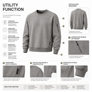 Sweat-shirt à col rond pour homme, coupe classique, couleur unie, coton French Terry, avec poche zippée sur la manche gauche - Product Image 2