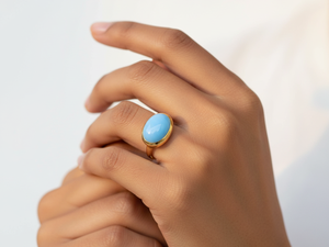 Oval Chalcedony Gemstone <b>Ring</b> | 14K Gold Plated Brass Bezel Set Bohemian Style <b>Statement</b> <b>Ring</b> - Product Image 2