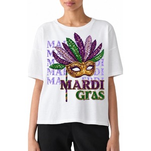 Elegant Wholesale Breathable <b>Women's</b> Oversized <b>White</b> <b>T</b>-<b>Shirt</b> Mardi Gras Mask Crew Neck Loose Drop Shoulder Tee - Product Image 1