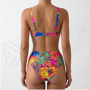 Women's Floral Print Two Piece <b>Bikini</b> <b>Set</b> High Waist Bottoms Triangle Top Spandex Polyester Swimwear - Product Image 2