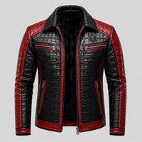 Veste en cuir noire et rouge pour homme, style motard, motif crocodile embossé, fermeture éclair, col rabattu, coupe ajustée, pour l'automne