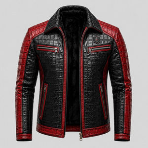 Veste en cuir noire et rouge pour homme, style motard, motif crocodile embossé, fermeture éclair, col rabattu, coupe ajustée, pour l'automne - Product Image 3