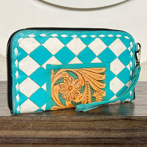 New Arrival Diamond Pattern Western Floral <b>Women</b> <b>Clutches</b> Hand Tooled Genuine Leather RFID Card Holder Wristlet Evening Wallet - Product Image 4