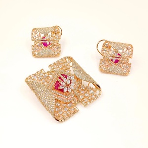 Victorian <b>Ruby</b> Emerald Crystal CZ Pendant Set Gold Plated Trendy IGI Certified Statement <b>Necklace</b> with Earrings for Gift - Product Image 2