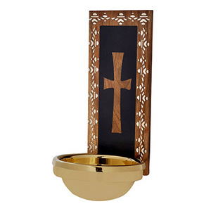 Fuente de Agua Bendita de Madera con Incrustaciones Blancas y Cuenco de Latón |   Letrero Decorativo para Montar en la Pared – DOUBLE VEE EXPORTS - Product Image 1