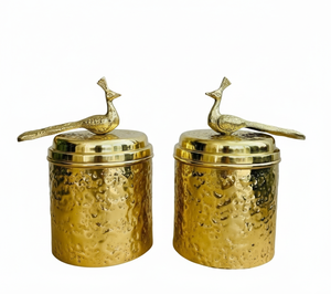 Gold Plated Metal <b>Canisters</b> <b>Set</b> – Hammered Peacock Lid Kitchen & Table Decor Jars Luxury Brass Finish Decorative Containers - Product Image 1