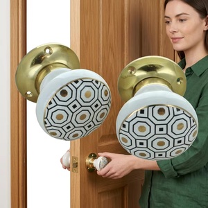 Modern Porcelain <b>Door</b> Knobs with Geometric Pattern and Brass Base for Cabinet Furniture Handles - Product Image 1