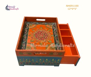 Nirmala Handicrafts Wooden Storage Tray Organizer with Drawer Bohemian Design Rectangle Multi Functional Indoor Decor - Product Image 3