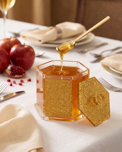 Elegant Modern Judaica Honey Dish Lid Spoon Acrylic Hexagon Design Celebrating Rosh Hashanah Sweet Traditions - Product Image 4