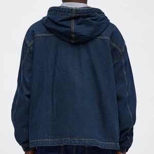 <b>Mens</b> Dark Blue <b>Denim</b> Hooded <b>Jacket</b> Oversized Pullover Sweatshirt Long Sleeve Casual Streetwear Anorak <b>with</b> Drawstring <b>Hood</b> - Product Image 2