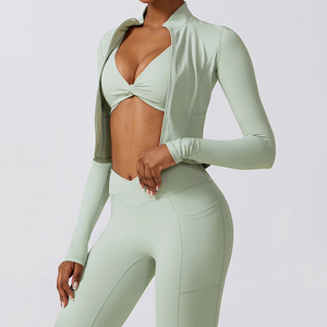 <b>White</b> <b>Long</b> <b>Sleeve</b> Zip Front <b>Crop</b> <b>Top</b> Yoga Fitness Wear Women's Activewear Seamless Breathable Quick Dry High Waist Leggings Set - Product Image 4