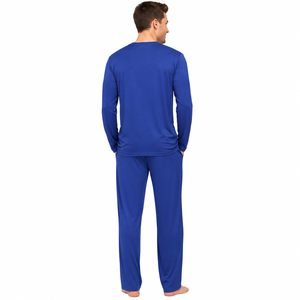 Fasmic International Men's Blue Short Sleeve <b>Pajama</b> Set 100% Cotton Knitted Solid Color Casual Sleepwear Pockets - Product Image 4