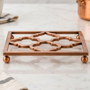 Vintage Copper Square Stainless Steel Quatrefoil Trivet Heat Resistant Metal Pot <b>Mat</b> with Ball Feet - Product Image 3