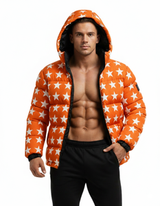 Mens Orange Waterproof Breathable Hooded Puffer Jacket Winter Warm <b>Bubble</b> <b>Coat</b> Streetwear Front Custom Wholesale Outerwear - Product Image 3