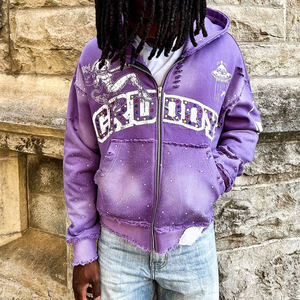 Manufacturer OEM Distressed <b>Washed</b> Thick Cotton Hoodie Mens Vintage Sunfaded Streetwear with Custom Print and Rhinestone - Product Image 1