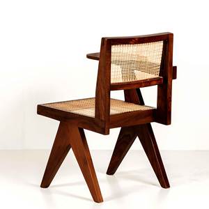 Silla de Estudio Estilo Pierre Jeanneret al por Mayor, Silla de Escritura de Madera Maciza con Patas en V, con Tableta Integrada y Asiento de Ratán Natural - Product Image 4