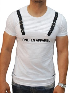 T-shirt blanc slim fit à col rond pour homme Oneten avec bretelles en cuir noir et imprimé lettres - Product Image 4