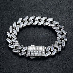 Joyería Hip Hop, Nueva Pulsera Baguette, Chapada en Oro Blanco, con Incrustaciones de Diamantes, para Hombre - Product Image 2