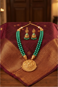 Traditional Temple Wedding Gift Jewelry Set Green Beaded Gold Plated Brass Necklace and Earrings Antique Style <b>for</b> Women - Product Image 2