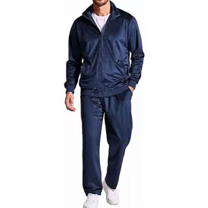 Survêtement bleu marine pour homme, coupe droite, couleur unie, fermeture éclair, poches latérales, style décontracté, respirant, en velours - Product Image 1