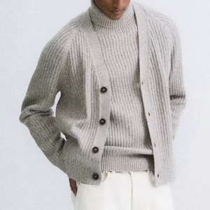 Cardigan en laine acrylique à col en V pour homme, manches longues, fermeture boutonnée, couleur unie, anti-boulochage, tricoté, épaisseur standard, automne - Product Image 4